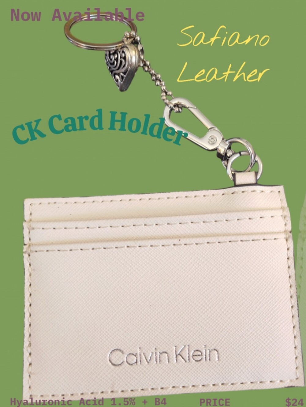 CALVIN KLEIN White Vegan  Safiano Multi Slot CC Card Pockets Lobster Clasp NWT